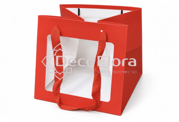 Пакет подарочный для цветов с окошком 20*20*20см красный