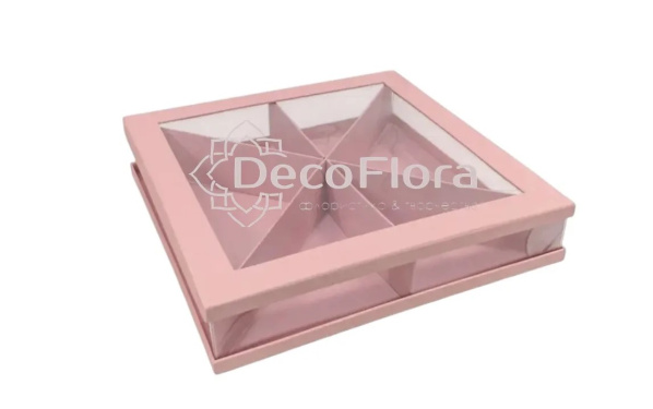 Коробка сборная с окошком 30*30*7см квадрат розовая