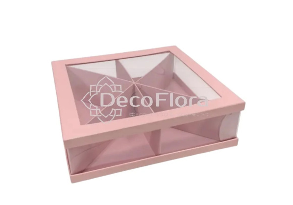 Коробка сборная с окошком 35*35*10см квадрат розовая