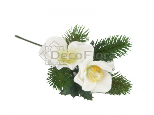 Ветка сосновая 25см с анемонами кремовыми
